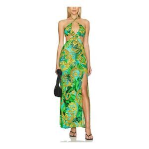 Luli Fama Palm Island Green Viscose Halter Keyhole Cut Out Maxi Dress Size S